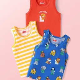 Babyhug Single Jersey Knit Sleeveless Sando Vests with Animal Print & Stripes Pack of 3 - Blue Red & White-image-83