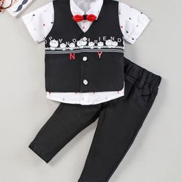 Dapper Dudes Half Sleeves Palm Trees Printed Shirt With Waistcoat Pant & Bow Set - Black-picture-36
