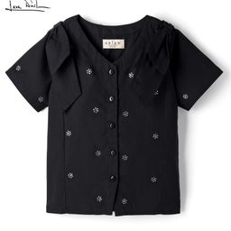 arias by lara dutta Arias Cotton Woven Half Sleeves Front Open Top With Bows at Shoulders & Floral Design - Black-picture-45