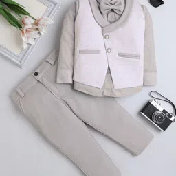 Fourfolds Cotton Blend Woven Full Sleeves Geometric Textured 3 Piece Party Suit With Bow Set - Beige-picture-34