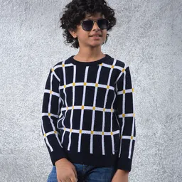 CRIMSOUNE CLUB Woven Full Sleeves Checked Sweater - Black-picture-19