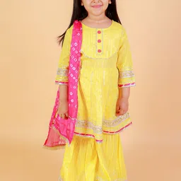 LITTLE GINNIE Girls Yoke Design Regular Pure Cotton Kurti with Sharara & With Dupatta-image-92