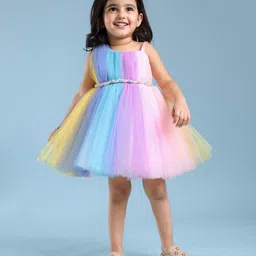 Babyhug Woven Sleeveless Fit and Flare One Shoulder Solid Color Party Frock -Multicolor image 2