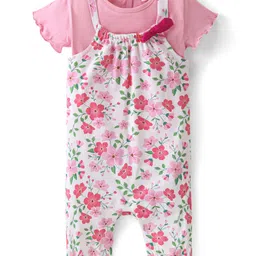 Babyhug Single Jersey Knit Floral Printed Dungaree with Half Sleeves Inner Tee - Pink & White image 2