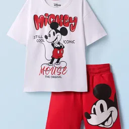 HoneyHap Disney Half Sleeves Oversize Drop Shoulder T-Shirt and Shorts Set with Mickey Mouse Graphics - Red & White image 2