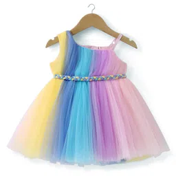 Babyhug Woven Sleeveless Fit and Flare One Shoulder Solid Color Party Frock -Multicolor image 3