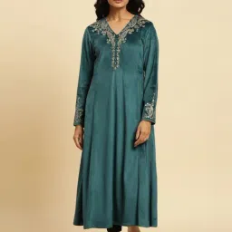 W Teal Green Embroidered Flared Kurta-image-3