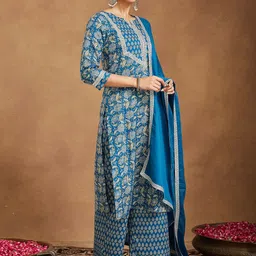 Janasya Women Ethnic Motifs Printed Pure Cotton Kurta with Trouser & Dupatta image 5