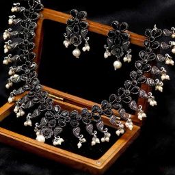 Teejh Niranjana Black Stone Silver Oxidized Necklace & Earrings Set-picture-26