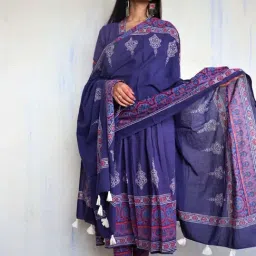 Chidiyaa Purple Pure Cotton Block Printed Ajooni Dupatta-picture-4