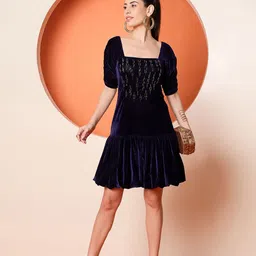 Antheaa Women Puff Sleeves Velvet Embellished A-Line Dress-picture-22