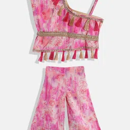 READIPRINT Sleeveless Watercolour Effect Floral Tassel Detailed One Shoulder Top With Coordinating Palazzo - Pink-picture-24