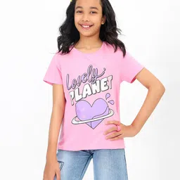 Bonkids Half Sleeves Lovely Planet Text & Heart Printed Tee - Pink-picture-10
