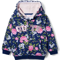 Babyhug Cotton Knit Full Sleeves Hooded Front Open Sweatshirt With Floral Print - Navy-picture-21