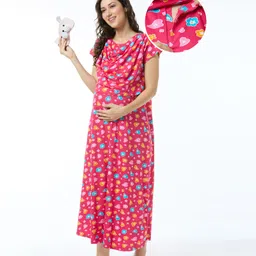 Bella Mama Cotton Knit Half Sleeves Nursing Nighty Floral Print - Pink-picture-37