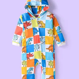 Babyhug 100% Cotton Knit Full Sleeves Hooded Dino Printed Romper - White & Blue-picture-28
