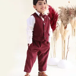 Tiber Taber Full Sleeves Solid 3 Piece Party Suit Set With Bow - Maroon-picture-24