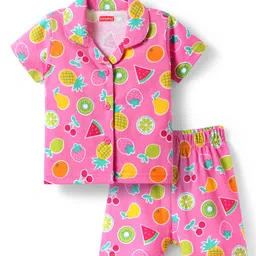 Babyhug Cotton Knit Half Sleeves Shorts Co-Ord Night Suit With Fruit Print - Pink-picture-25