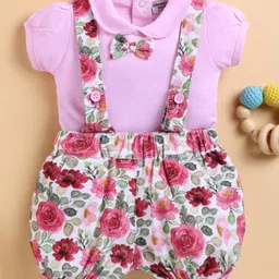 Wonderchild Interlock Bow Applique Detailed Floral Printed Dungaree With Half Sleeves Top - Pink-image-85