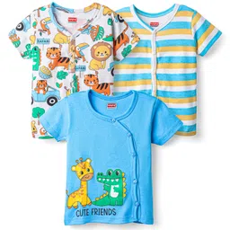 Babyhug 100% Cotton Knit Half Sleeves Antibacterial Striped & Animal Printed Front Open Vests Pack of 3 - Light Blue White & Yellow-picture-10