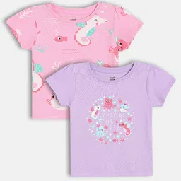 MINI KLUB Cotton Knit Pack Of 2 Half Sleeves Sea Life Printed Tops - Pink & Purple-image-28