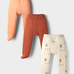 kookie kids india Kookie Kids Interlock Knit Bootie Leggings with Solid Color & Farm Print - Orange Brown & Cream-picture-16