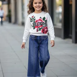 OLLINGTON ST. Cotton Full Sleeves Floral Printed Top & Denim Loose Pant Set - White & Blue-picture-11