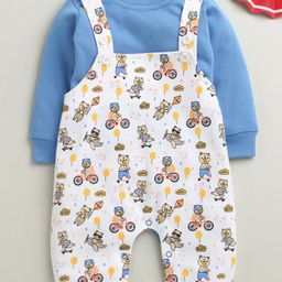 BUMZEE Cotton Knit Full Sleeves Dungaree & Tee With Vehicle Print - White & Blue-picture-32