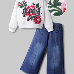 OLLINGTON ST. Cotton Full Sleeves Floral Printed Top & Denim Loose Pant Set - White & Blue image 2