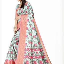 SSHAGUN LIFESTYLE White & Pink Embellished Printed Floral Print Bollywood Cotton Silk Saree image 2