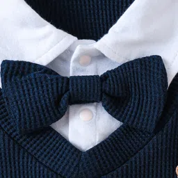 Mark & Mia Full Sleeves Winter Wear Romper With Teddy Bear & Bow Applique - Navy Blue image 4