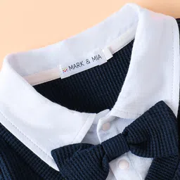 Mark & Mia Full Sleeves Winter Wear Romper With Teddy Bear & Bow Applique - Navy Blue image 5