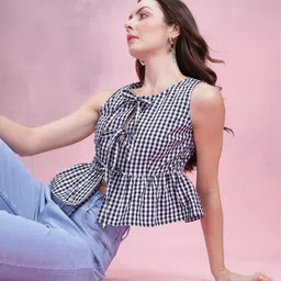 DressBerry Checked Tie-Up Neck Cotton Peplum Top-image-22