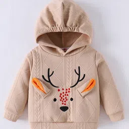 Kookie Kids Full Sleeves Hooded Sweatshirt With Reindeer Applique & Cable Knit Design - Tan-image-6