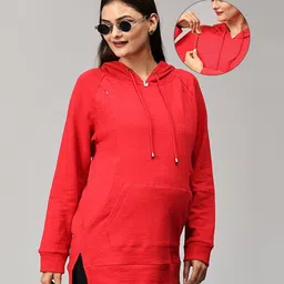 The Mom Store Cotton Full Sleeves Solid Maternity Hooded Sweatshirt With Zip Nursing Access - Red-image-24