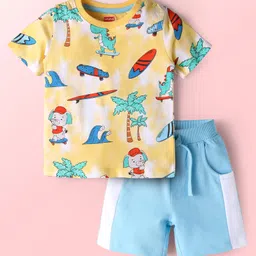 Babyhug Single Jersey Knit Half Sleeves T-Shirt & Shorts Set With Beach Theme Print - Yellow & Blue-picture-18