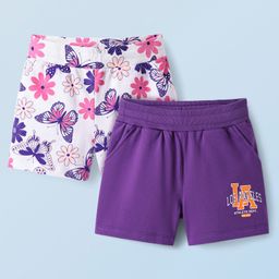Honeyhap Premium 100% Cotton Knit Above Knee Length Shorts With Text Print Pack of 2 - Pansy & Bright White-picture-2