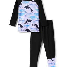 KIDLINGSS Full Sleeves Dolphin Printed Tee & Pant Set - White & Black-image-10