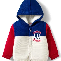 Babyhug Knitted Full Sleeves Hooded Front Open Sweater With Text Embroidery - Red Navy Blue & White-picture-12