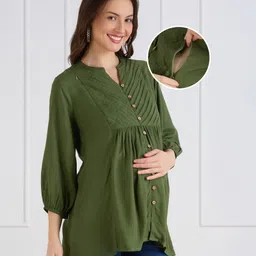 Bella Mama Woven Three Fourth Sleeves Solid Color Maternity Top - Olive Green-picture-16