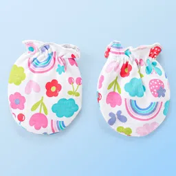 Babyhug 100% Cotton Knit Floral Print Mittens and Booties - Multicolor image 2
