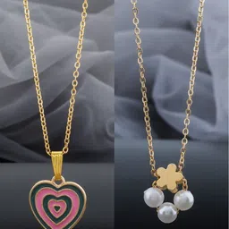 Birado Jewellery Set Of 2 Stainless Steel Gold-Plated Pearls Studded Minimal Chains-image-60