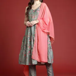 Anouk Floral Printed Tiered Kurta with Trousers & Dupatta image 2