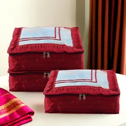 Aura Maroon & Transparent 3 Pieces Frill Top Window Satin Saree Bag Organisers-image-54