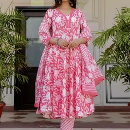 parthvi Women's Printed Cotton Anarkali Kurta & Pant With Dupatta Set image 2