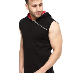 gritstones Stylish Black/Red Cotton Hooded Solid Vest image 2