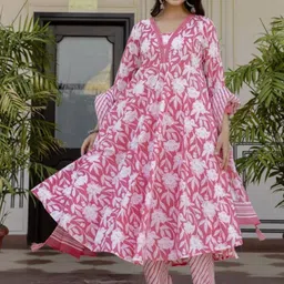 parthvi Women's Printed Cotton Anarkali Kurta & Pant With Dupatta Set image 5