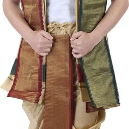 prakasam cotton Mens Asha Silk Panchakacham Ready to wear dhoti towel set with pocket/Panchakacham dhoti with Angavastram (Stitched Dhoti with Pocket image 3