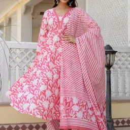 parthvi Women's Printed Cotton Anarkali Kurta & Pant With Dupatta Set image 4