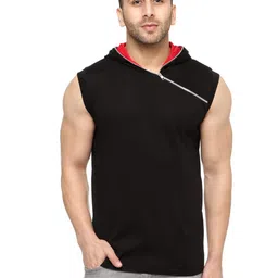 gritstones Stylish Black/Red Cotton Hooded Solid Vest image 1